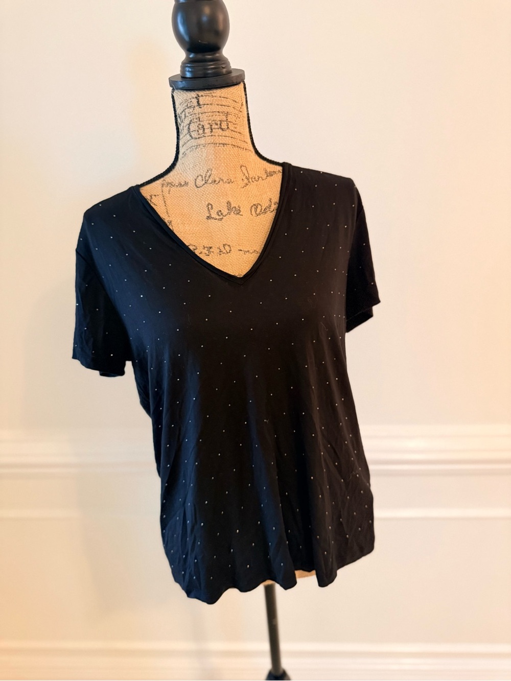 AllSaints Black Short Sleeve V-Neck Top with Tiny Silver Studs